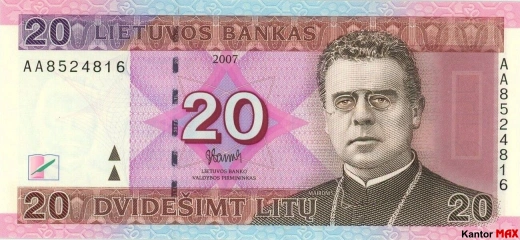 Przód wycofanego banknotu 20 litów litewskich edycja 2007 rok