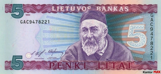 Przód wycofanego banknotu 5 litów litewskich seria 1993 rok