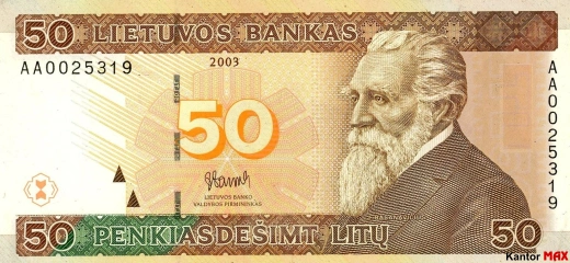 Przód wycofanego banknotu 50 litów litewskich edycja 2003 rok