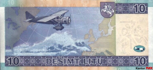 Tył wycofanego banknotu 10 litów litewskich seria 2007 rok