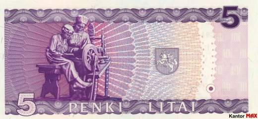 Tył wycofanego banknotu 5 litów litewskich seria 1993 rok