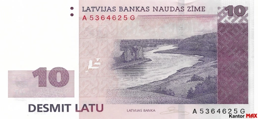 Przód wycofanego banknotu 10 łat łotewskich edycja z 2008 roku
