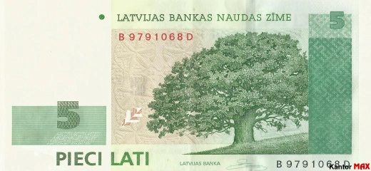 Przód wycofanego banknotu 5 łat łotewskich edycja z 2006-2009 roku