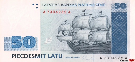 Przód wycofanego banknotu 50 łat łotewskich edycja z 1992 roku