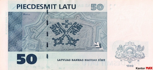 Tył wycofanego banknotu 50 łat łotewskich edycja z 1992 roku