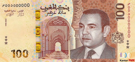 Przód banknotu 100 dirham marokańskich 2023 rok