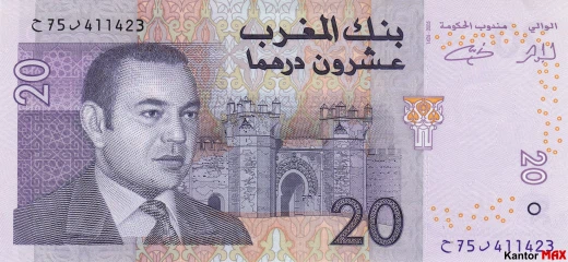 Przód banknotu 20 dirham marokańskich 2002 rok