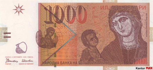 Przód banknotu 1000 denarów macedońskich edycja z 1996 roku