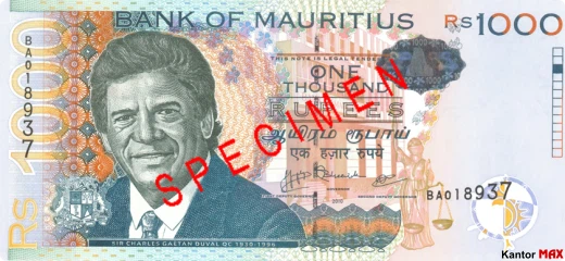 Przód banknotu 1000 rupii maurytyjskich