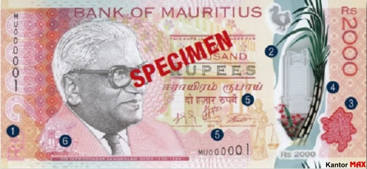 Przód banknotu 2000 rupii maurytyjskich
