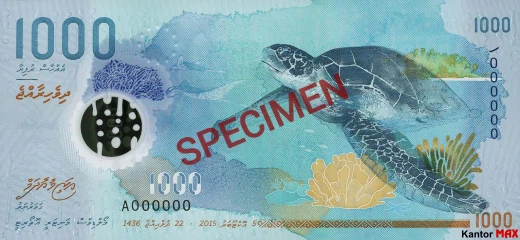 Przód banknotu 1000 rupii malediwskich 2016 rok