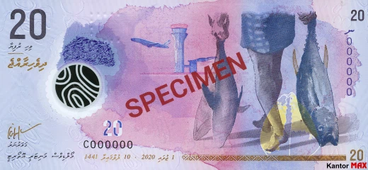 Przód banknotu 20 rupii malediwskich seria 2016 rok