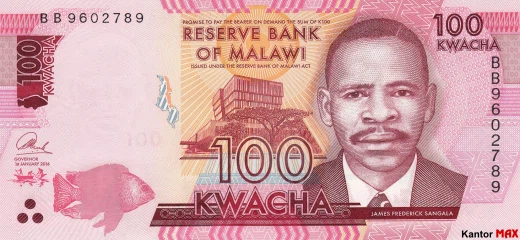 Przód banknotu 100 kwach malawijskich 2016 rok