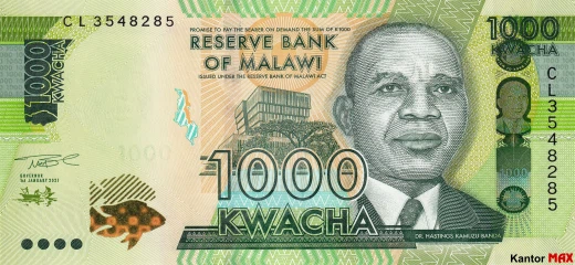 Przód banknotu 1000 kwach malawijskich 2021 rok