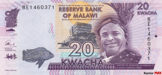 Przód banknotu 20 kwach malawijskich 2016 rok