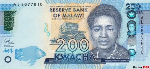 Przód banknotu 200 kwach malawijskich 2016 rok