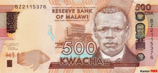 Przód banknotu 500 kwach malawijskich 2021 rok