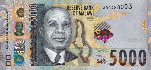 Przód banknotu 5000 kwach malawijskich 2021 rok