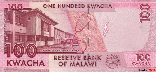 Tył banknotu 100 kwach malawijskich 2016 rok