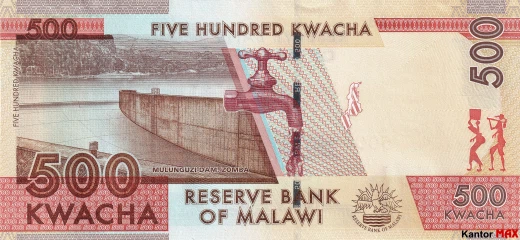 Tył banknotu 500 kwach malawijskich 2021 rok