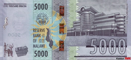 Tył banknotu 5000 kwach malawijskich 2021 rok