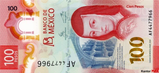 Przód banknotu polimerowego 100 peso meksykańskich seria G z 2020 r