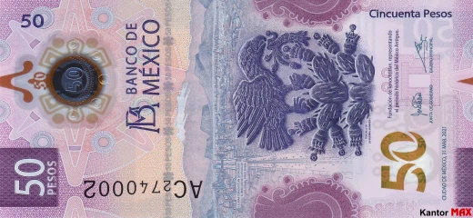 Przód banknotu polimerowego 50 peso meksykańskich seria G z 2021 r