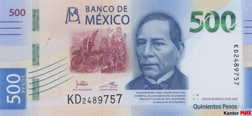 Przód banknotu 500 peso meksykańskich seria G z 2018 r