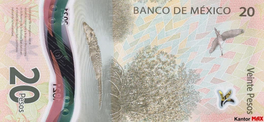 Tył banknotu polimerowego 20 peso meksykańskich seria G z 2021 r