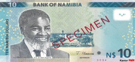 Przód banknotu 10 dolarów namibijskich 2021 rok