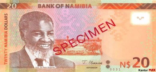 Przód banknotu 20 dolarów namibijskich 2022 rok