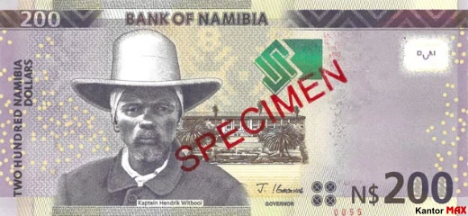 Przód banknotu 200 dolarów namibijskich 2022 rok
