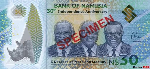 Przód polimerowego banknotu 30 dolarów namibijskich 2020 rok