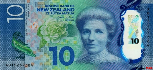 Przód banknotu polimerowego 10 dolarów nowozelandzkich 2015 rok