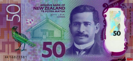 Przód banknotu polimerowego 50 dolarów nowozelandzkich 2021 rok