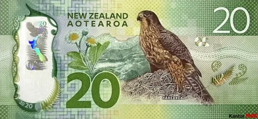 Tył banknotu polimerowego 20 dolarów nowozelandzkich 2022 rok