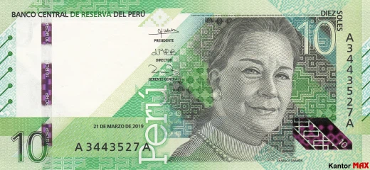 Przód banknotu 10 sol peruwiańskich z 2019 roku
