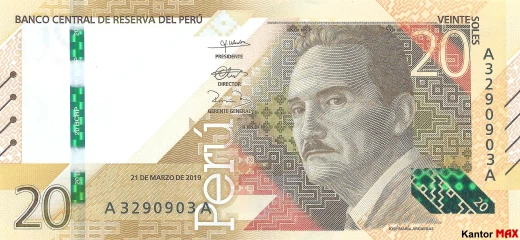 Przód banknotu 20 sol peruwiańskich z 2019 roku