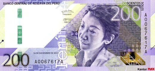 Przód banknotu 200 sol peruwiańskich z 2021 roku