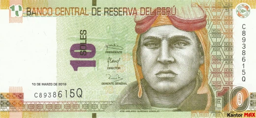 Przód banknotu 10 sol peruwiańskich z 2016 roku