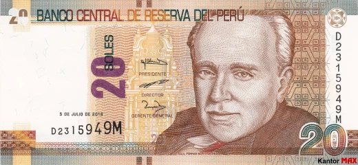 Przód banknotu 20 sol peruwiańskich z 2016 roku