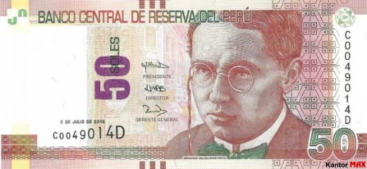 Przód banknotu 50 sol peruwiańskich z 2018 roku