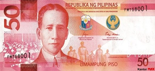 Przód banknotu 50 peso filipińskich 2022 rok