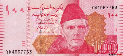 Przód banknotu 100 rupii pakistańskich 2021 r.