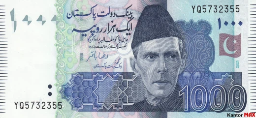 Przód banknotu 1000 rupii pakistańskich 2021 r.