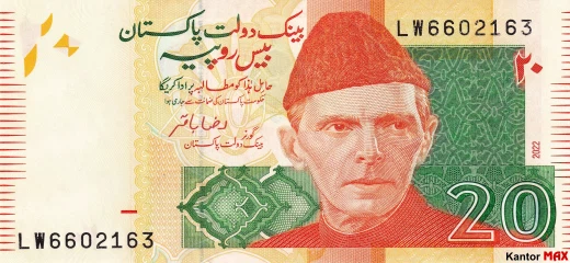 Przód banknotu 20 rupii pakistańskich 2022 r.