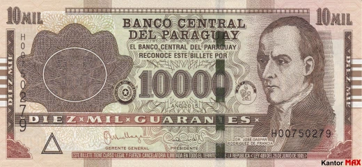 Przód banknotu 10.000 guarani paragwajskich 2015 rok