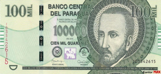 Przód banknotu 100.000 guarani paragwajskich 2015 rok