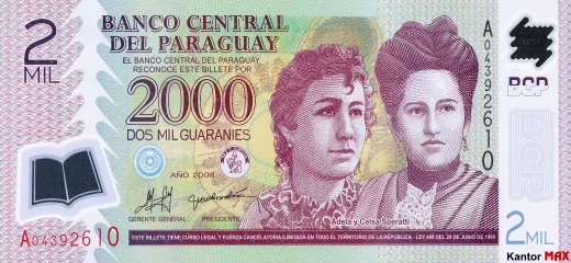 Przód banknotu 2000 guarani paragwajskich 2008 rok