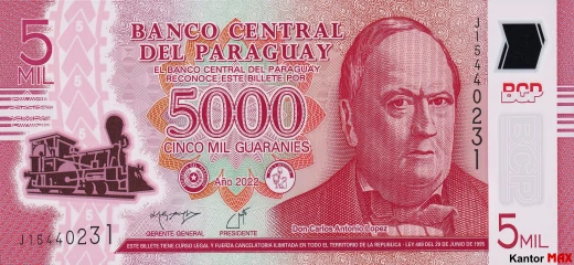 Przód banknotu 5000 guarani paragwajskich 2022 rok